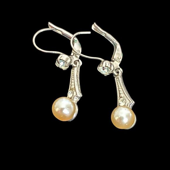 Vintage Earrings Germany Dangle Pierced Simulated Pearl Clear Rhinestones 1-1/4" - Picture 2 of 4